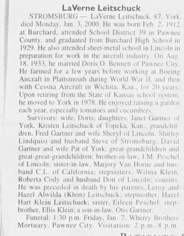 Obituary for La Verne Leitschuck, 1912-2000 (Aged 87)